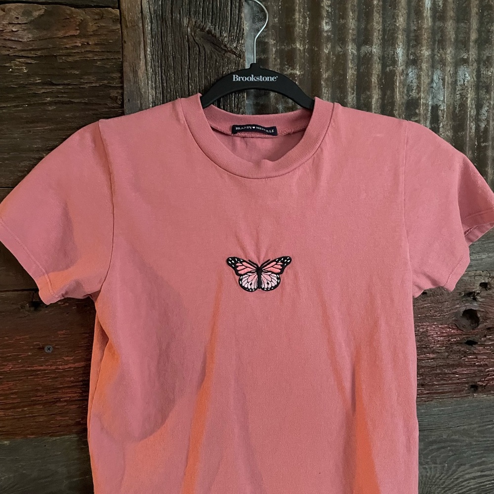 brandy Melville cropped pink butterfly T-shirt